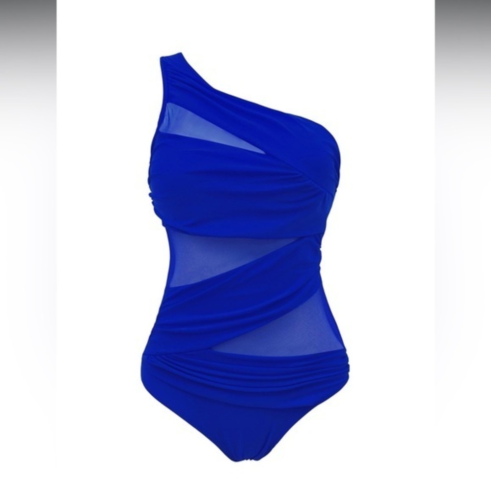 RUNTLLY One Shoulder Blue Swimwear Bathing Suit with See Through Mesh Style-S